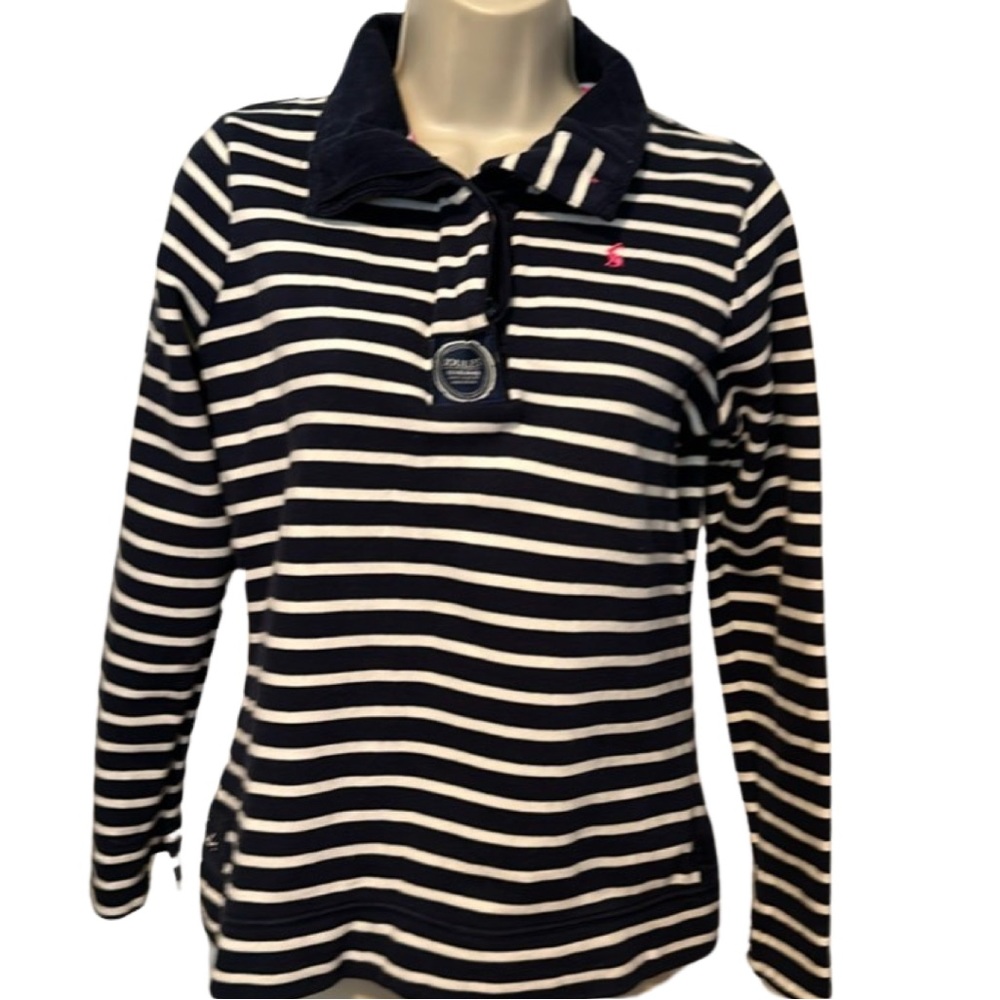 Joules Navy & White Pique Long Sleeve Button-Neck Top